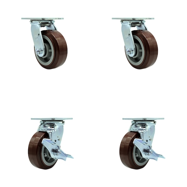 Service Caster 5 Inch Polyurethane Swivel Caster Set with Roller Bearings 2 Brakes SCC SCC-30CS520-PPUR-2-TLB-2 - main